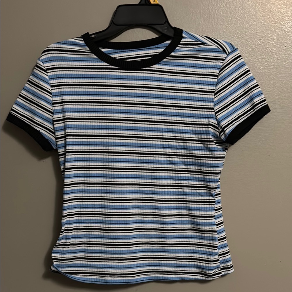 Striped Blue and Black Ribbed T-Shirt